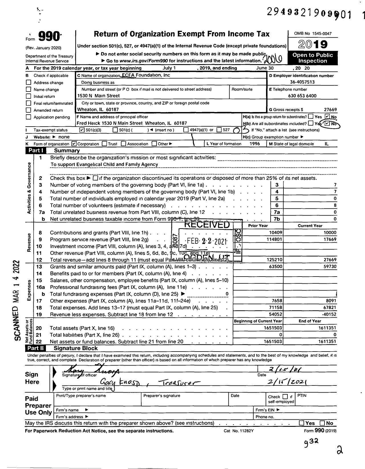 Image of first page of 2019 Form 990 for EcFA FOUNDATION