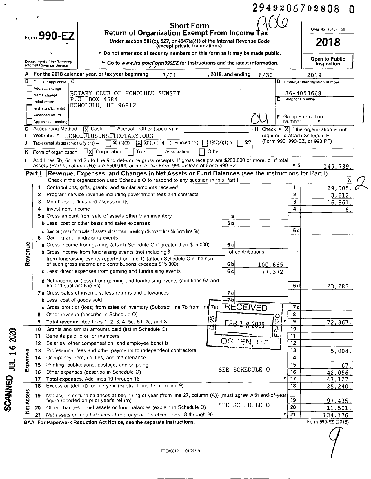 Image of first page of 2018 Form 990EO for Rotary International - Rotary Club of Honolulu Sunset