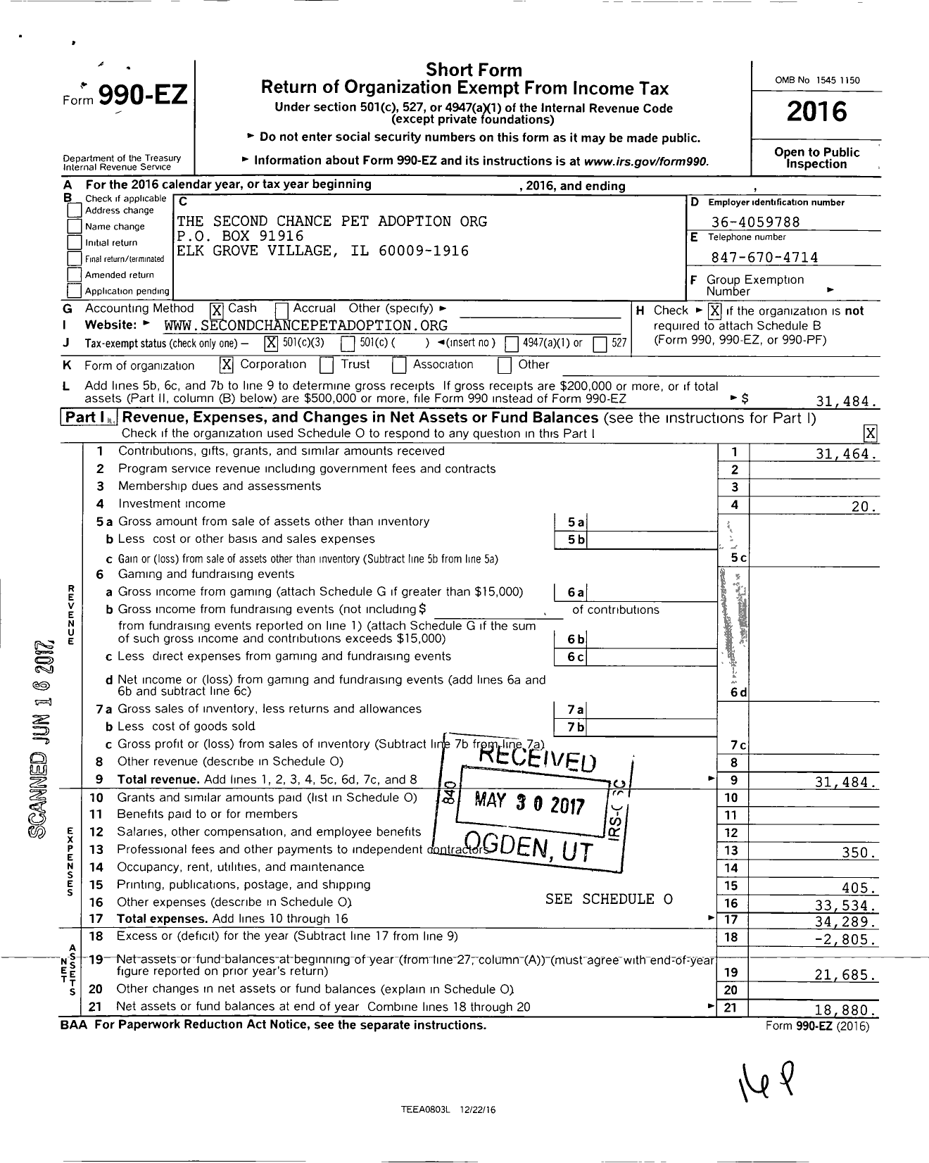 Image of first page of 2016 Form 990EZ for The Second Chance Adoption Organization