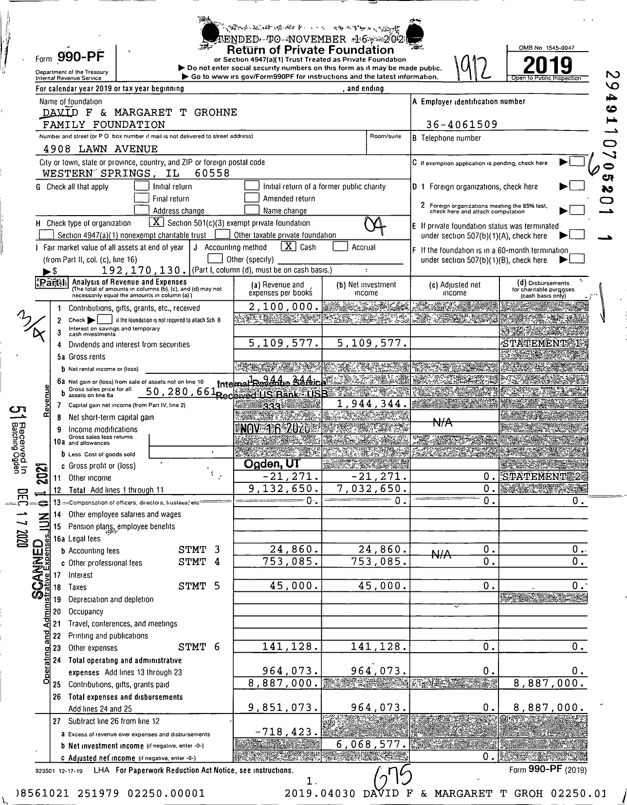 Image of first page of 2019 Form 990PF for David F and Margaret Grohne Family Foundation Scholarship