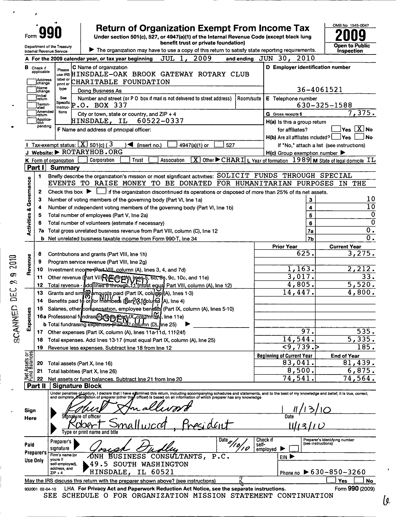 Image of first page of 2009 Form 990 for Hinsdale-Gateway Rotary Club Charitable Foundation