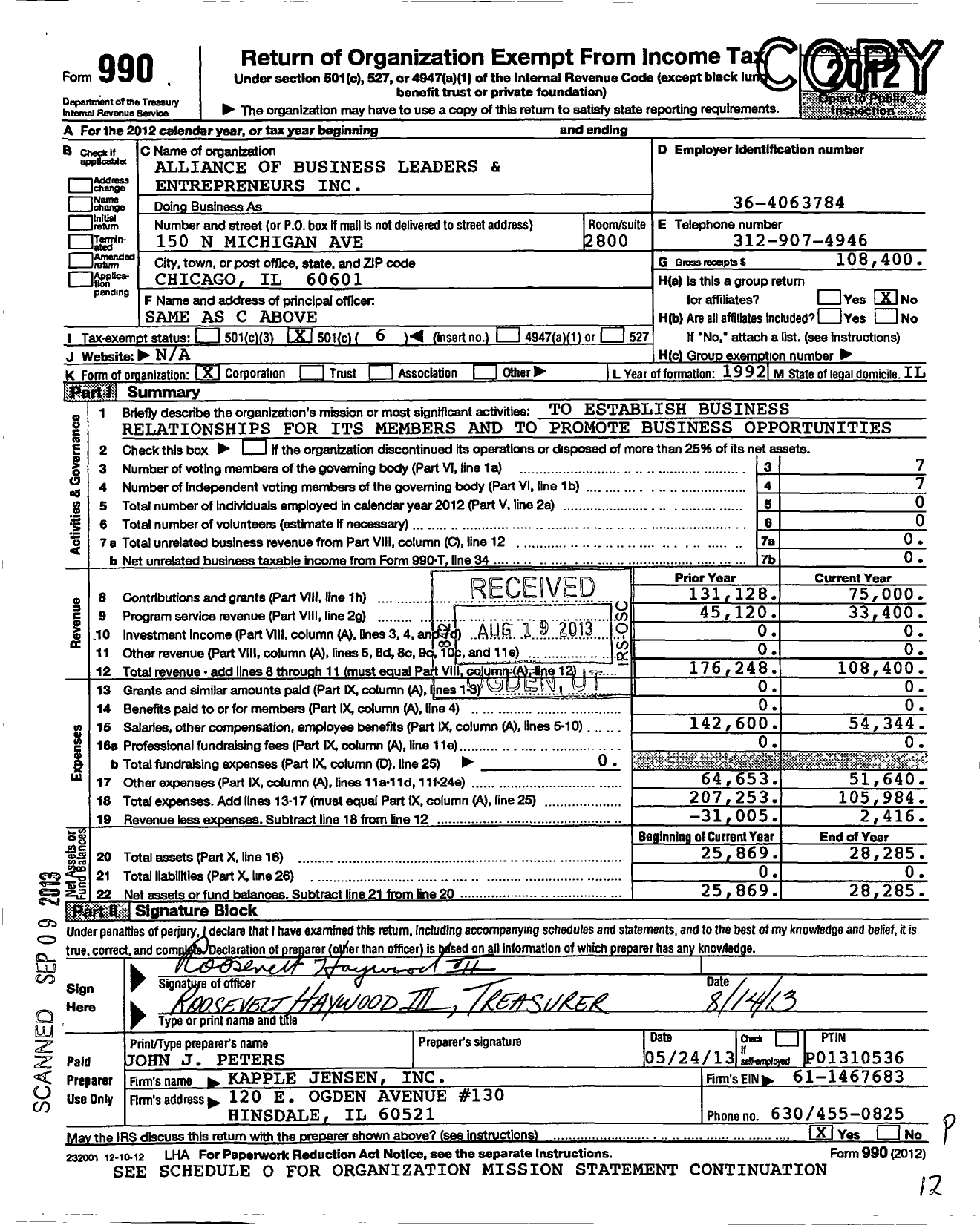 Image of first page of 2012 Form 990O for Alliance of Business Leaders and Entrepreneurs