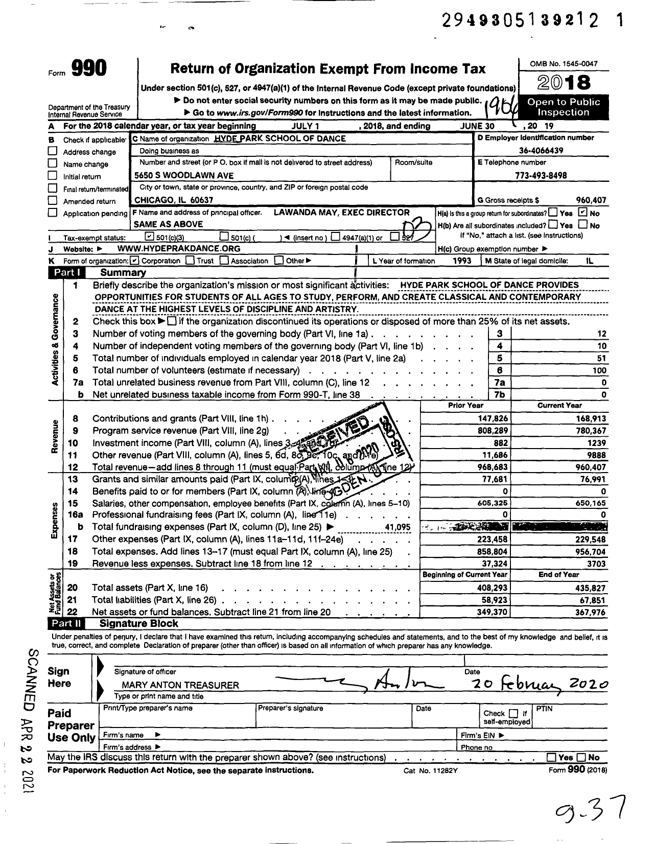 Image of first page of 2018 Form 990 for Hyde Park School of Dance