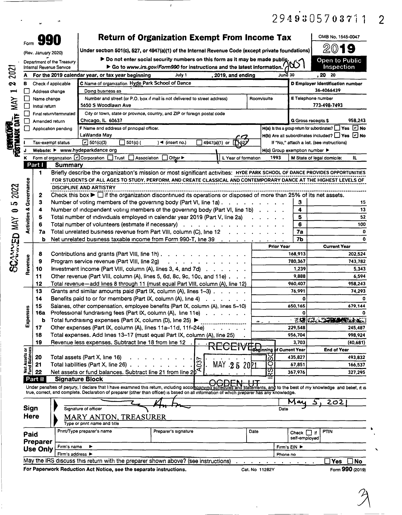 Image of first page of 2019 Form 990 for Hyde Park School of Dance