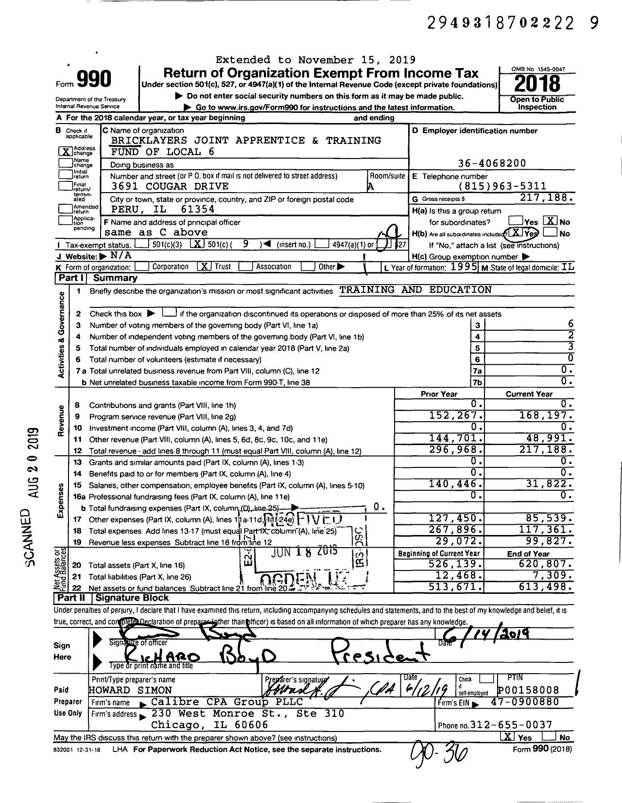 Image of first page of 2018 Form 990O for Bricklayers Joint Apprentice and Training Fund of Local 6