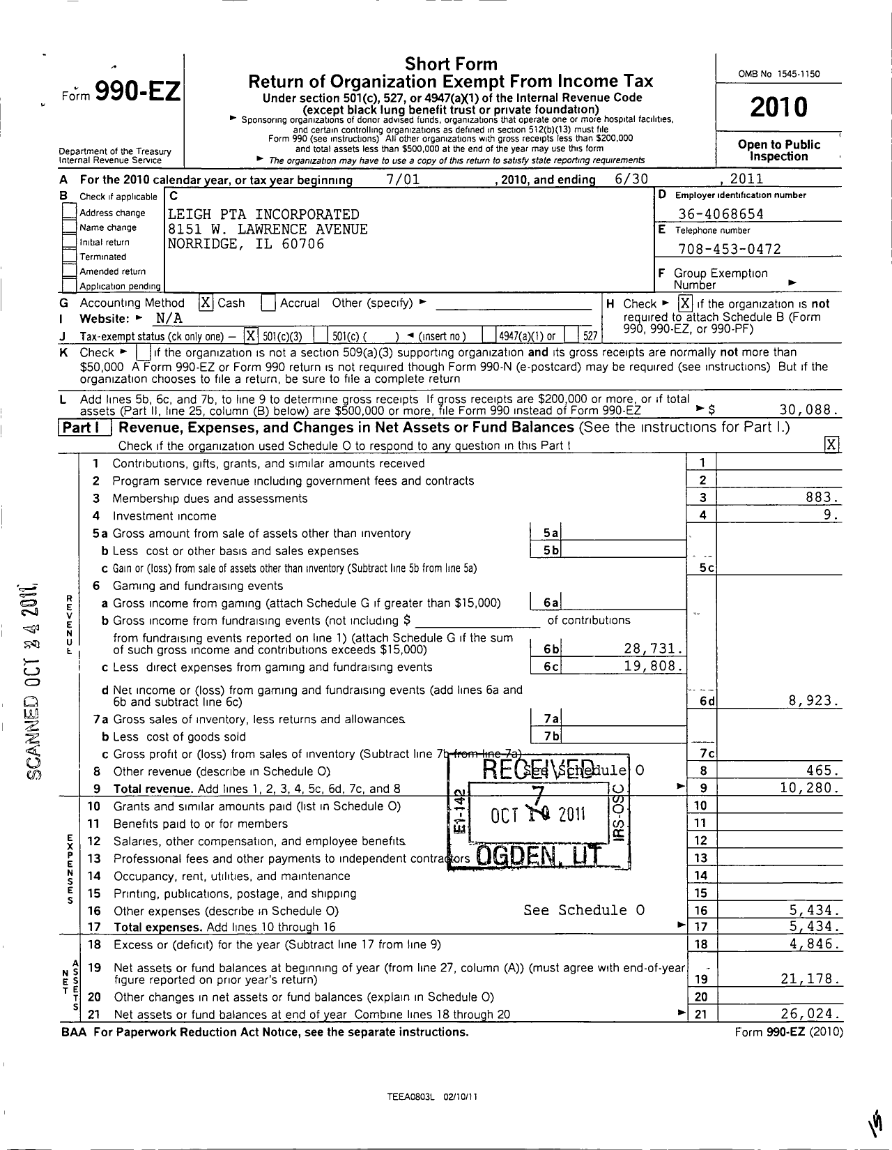 Image of first page of 2010 Form 990EZ for Illinois PTA - Norridge Dist 80 PTA