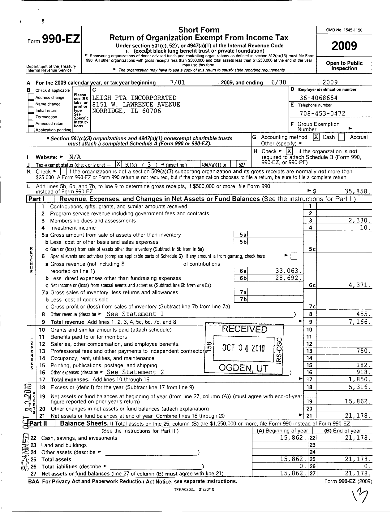 Image of first page of 2008 Form 990EZ for Illinois PTA - Norridge Dist 80 PTA