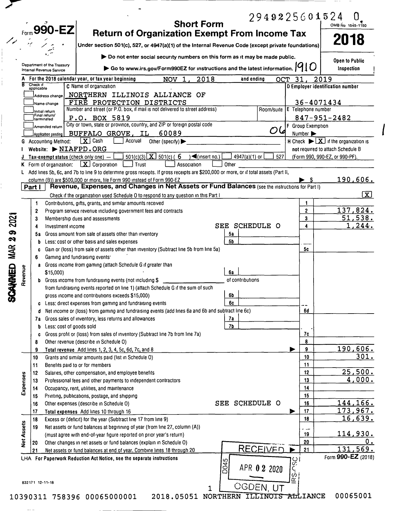 Image of first page of 2018 Form 990EO for Northern Illinois Alliance of Fire Protection Districts