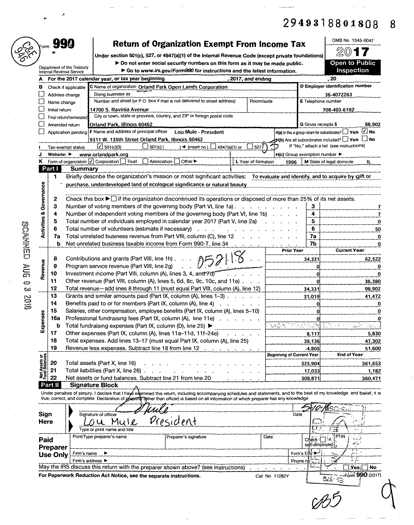 Image of first page of 2017 Form 990 for Orland Park Open Lands Corporation