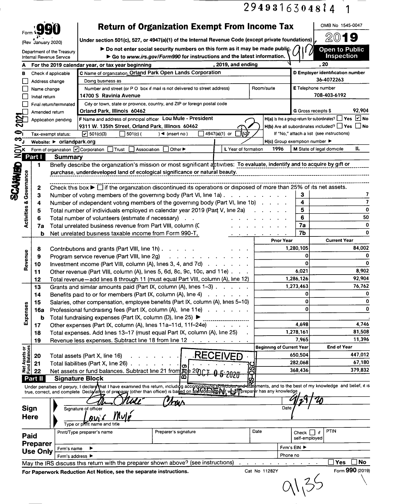 Image of first page of 2019 Form 990 for Orland Park Open Lands Corporation