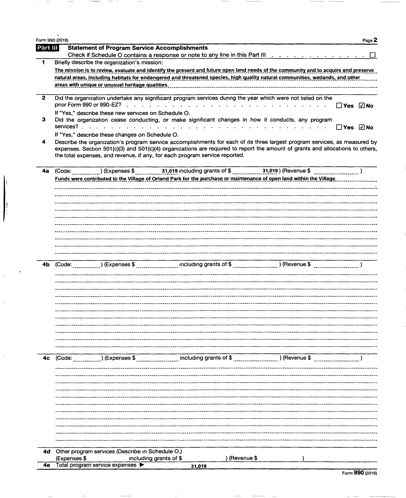Image of first page of 2016 Form 990 for Orland Park Open Lands Corporation