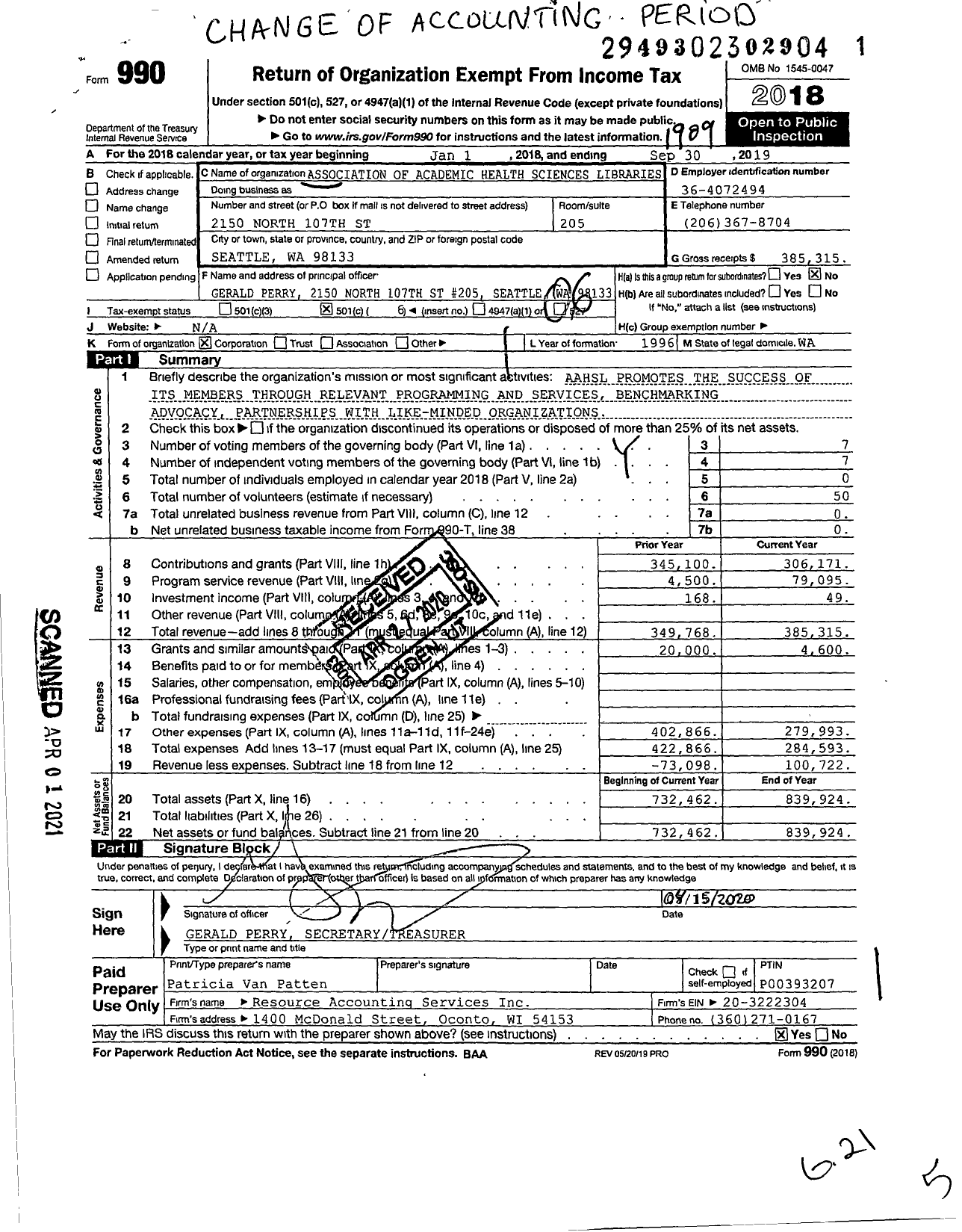 Image of first page of 2018 Form 990O for Association of Academic Health Sciences Libraries