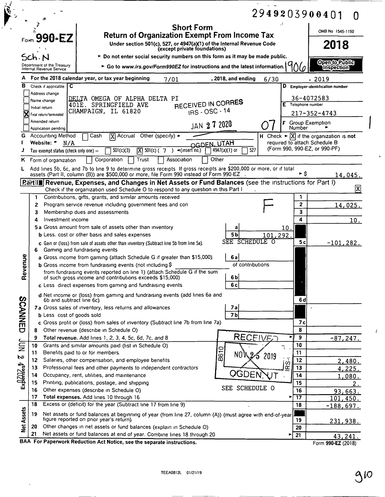 Image of first page of 2018 Form 990EO for Delta Omega of Alpha Delta Pi