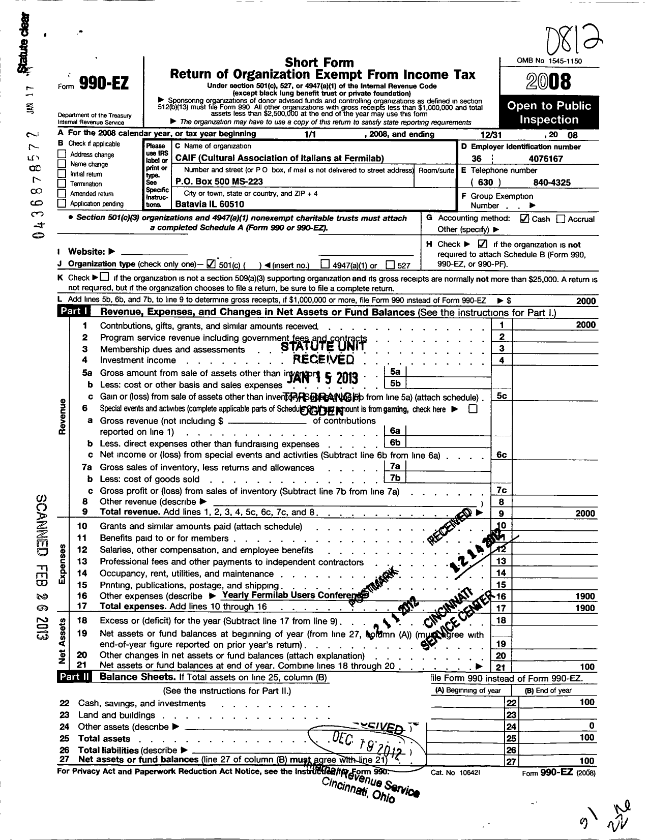 Image of first page of 2008 Form 990EO for Caif Cultural Association of Italians at Fermilab (CAIF)