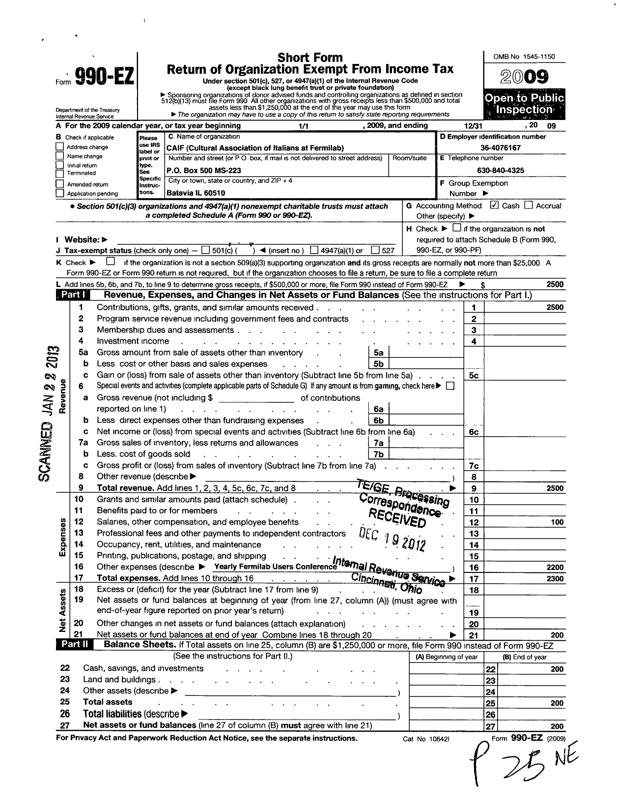 Image of first page of 2009 Form 990EO for Caif Cultural Association of Italians at Fermilab (CAIF)