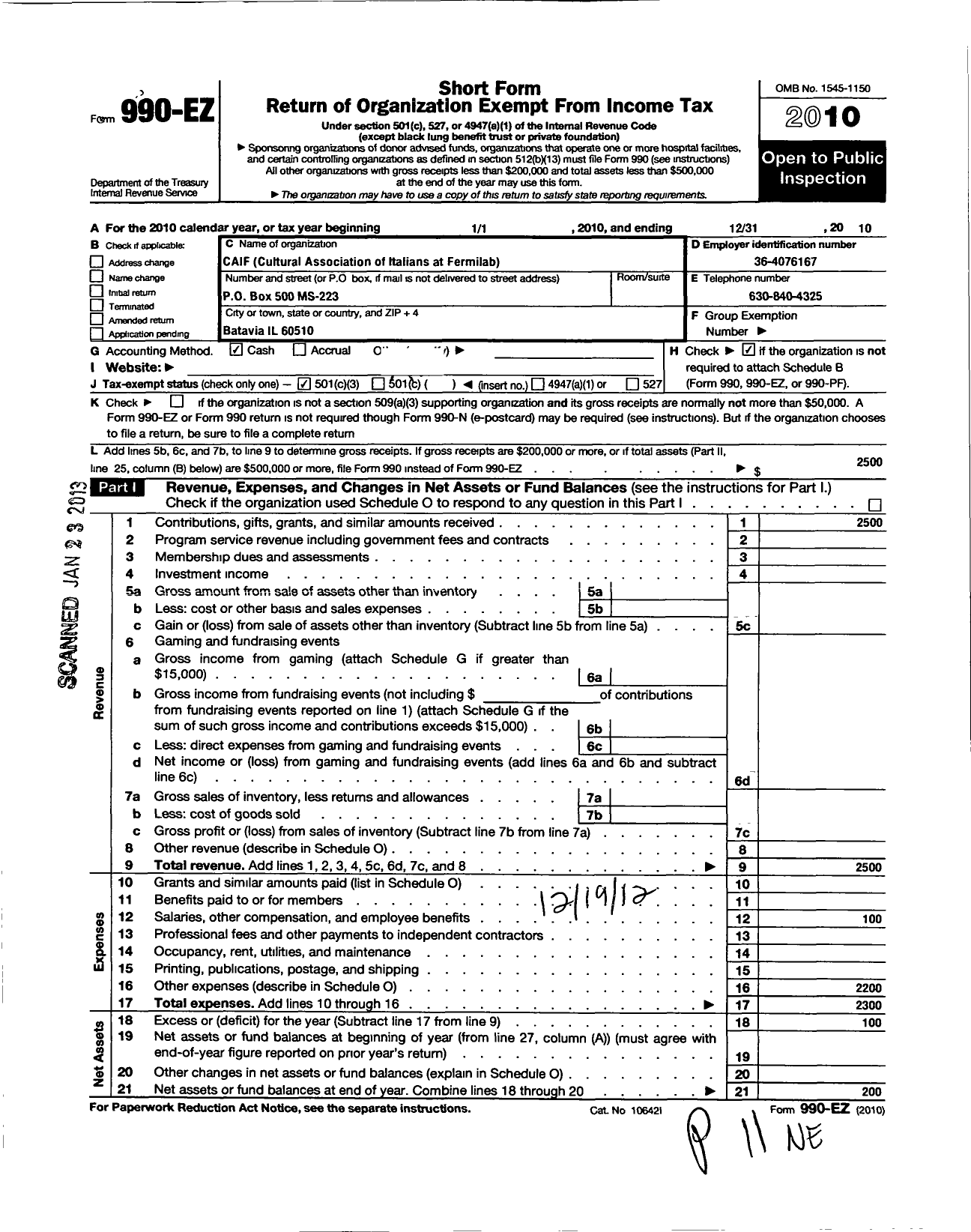 Image of first page of 2010 Form 990EZ for Caif Cultural Association of Italians at Fermilab (CAIF)