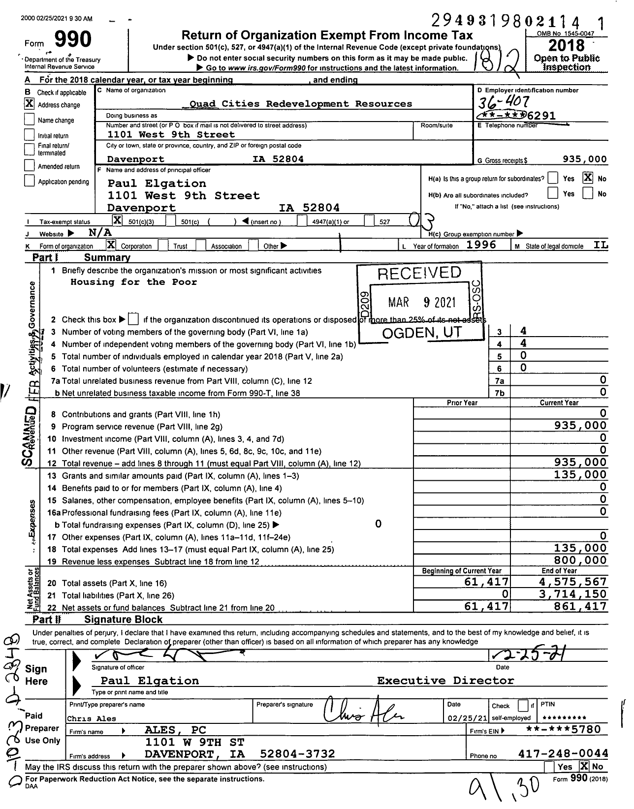 Image of first page of 2018 Form 990 for Quad Cities Redevelopment Resources