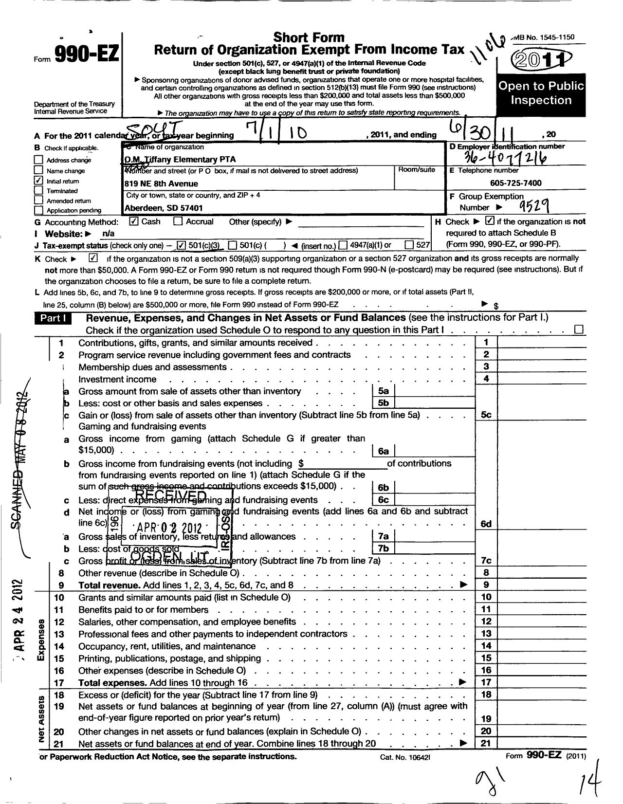 Image of first page of 2010 Form 990EZ for South Dakota Congress of Parents and Teachers / O M Tiffany PTA