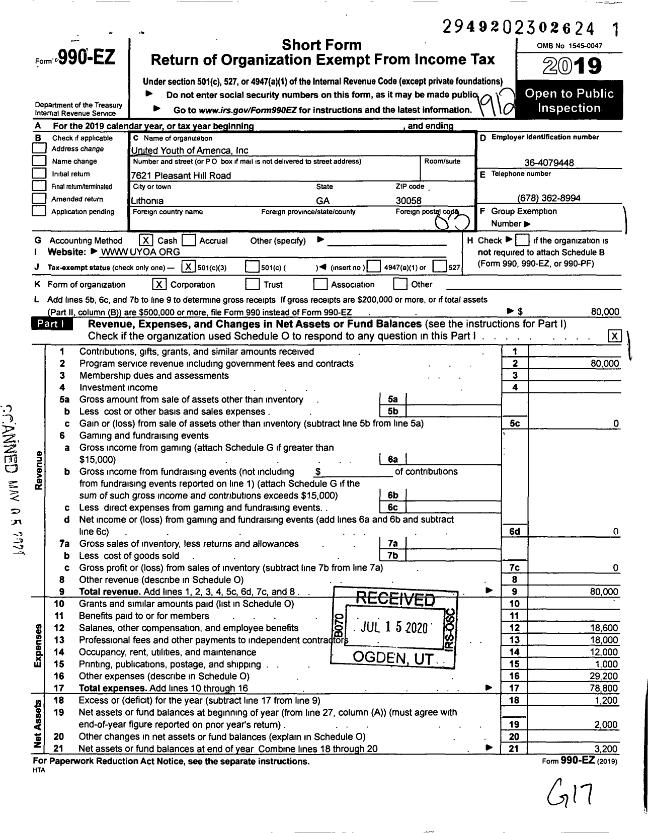 Image of first page of 2019 Form 990EZ for United Youth of America