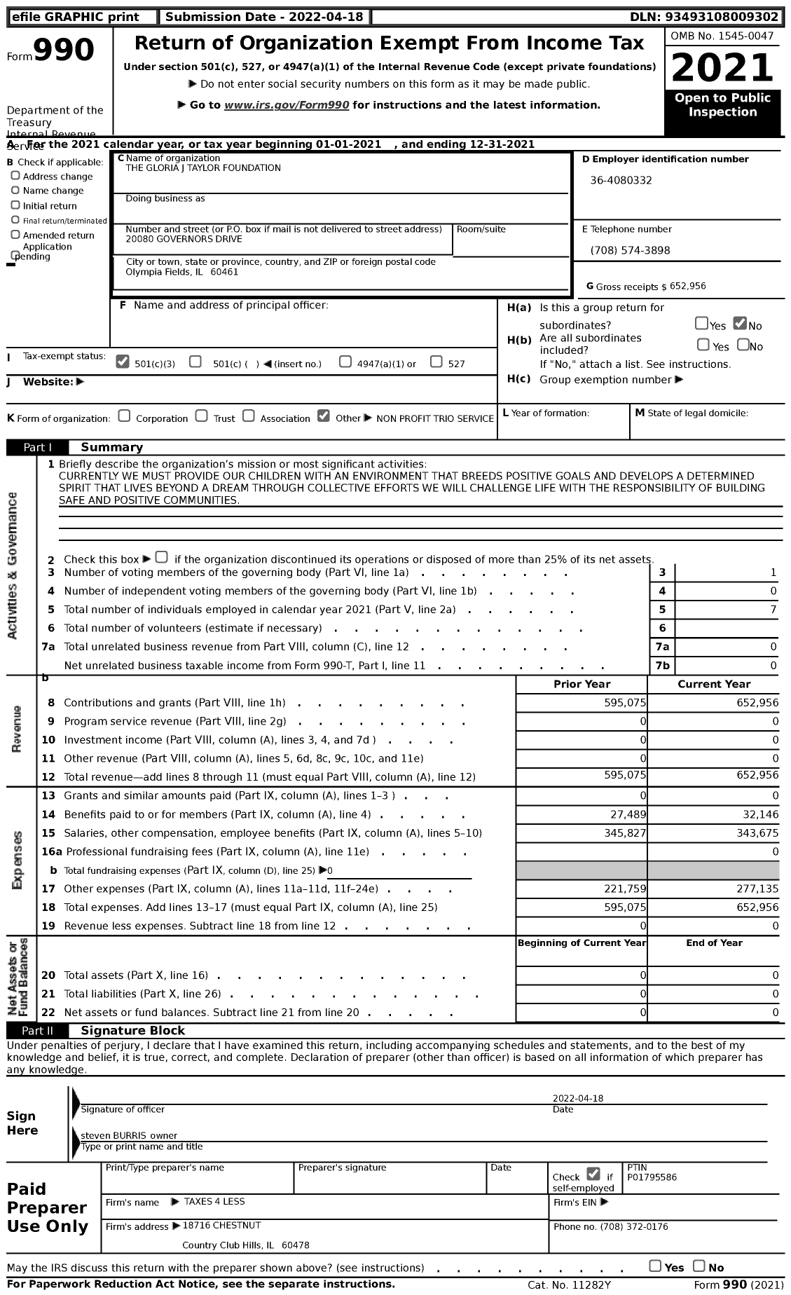 Image of first page of 2021 Form 990 for The Gloria J Taylor Foundation