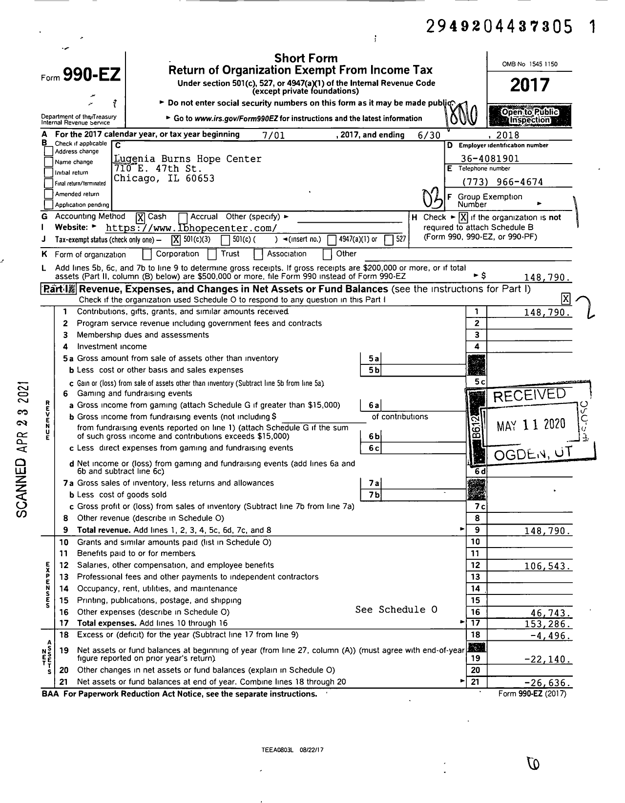 Image of first page of 2017 Form 990EZ for Lugenia Burns Hope Center