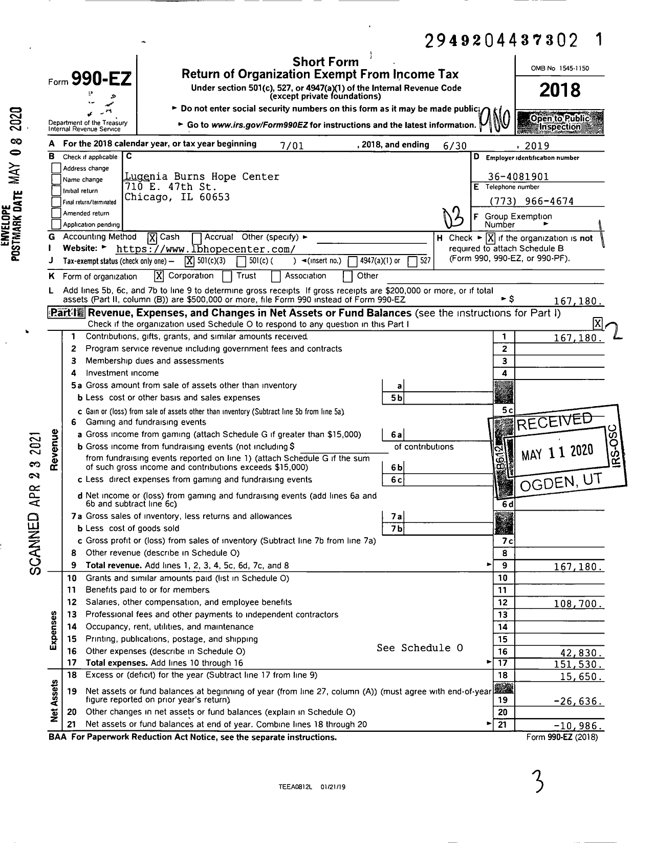 Image of first page of 2018 Form 990EZ for Lugenia Burns Hope Center