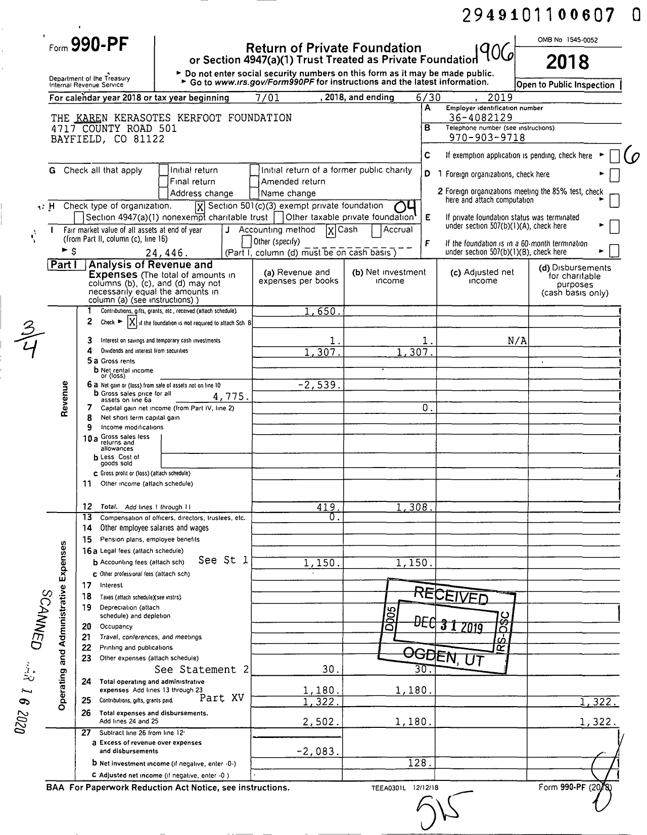 Image of first page of 2018 Form 990PR for The Karen Kerasotes Kerfoot Foundation