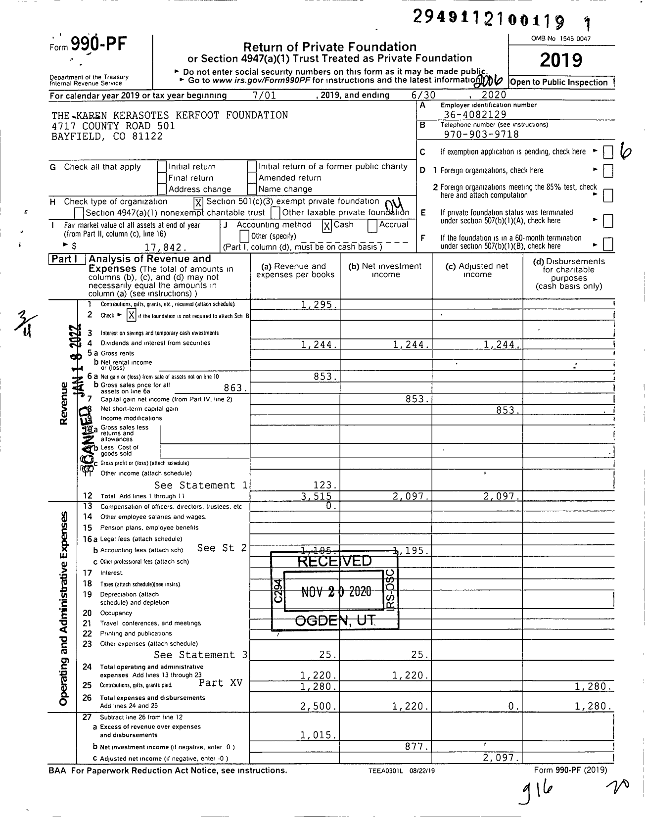 Image of first page of 2019 Form 990PF for The Karen Kerasotes Kerfoot Foundation