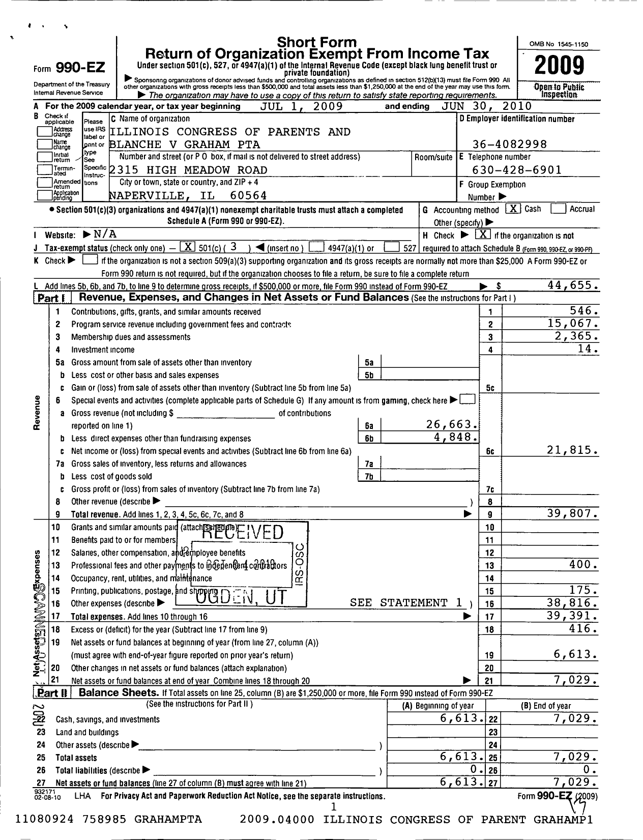 Image of first page of 2009 Form 990EZ for Illinois PTA - Blanche V Graham PTA