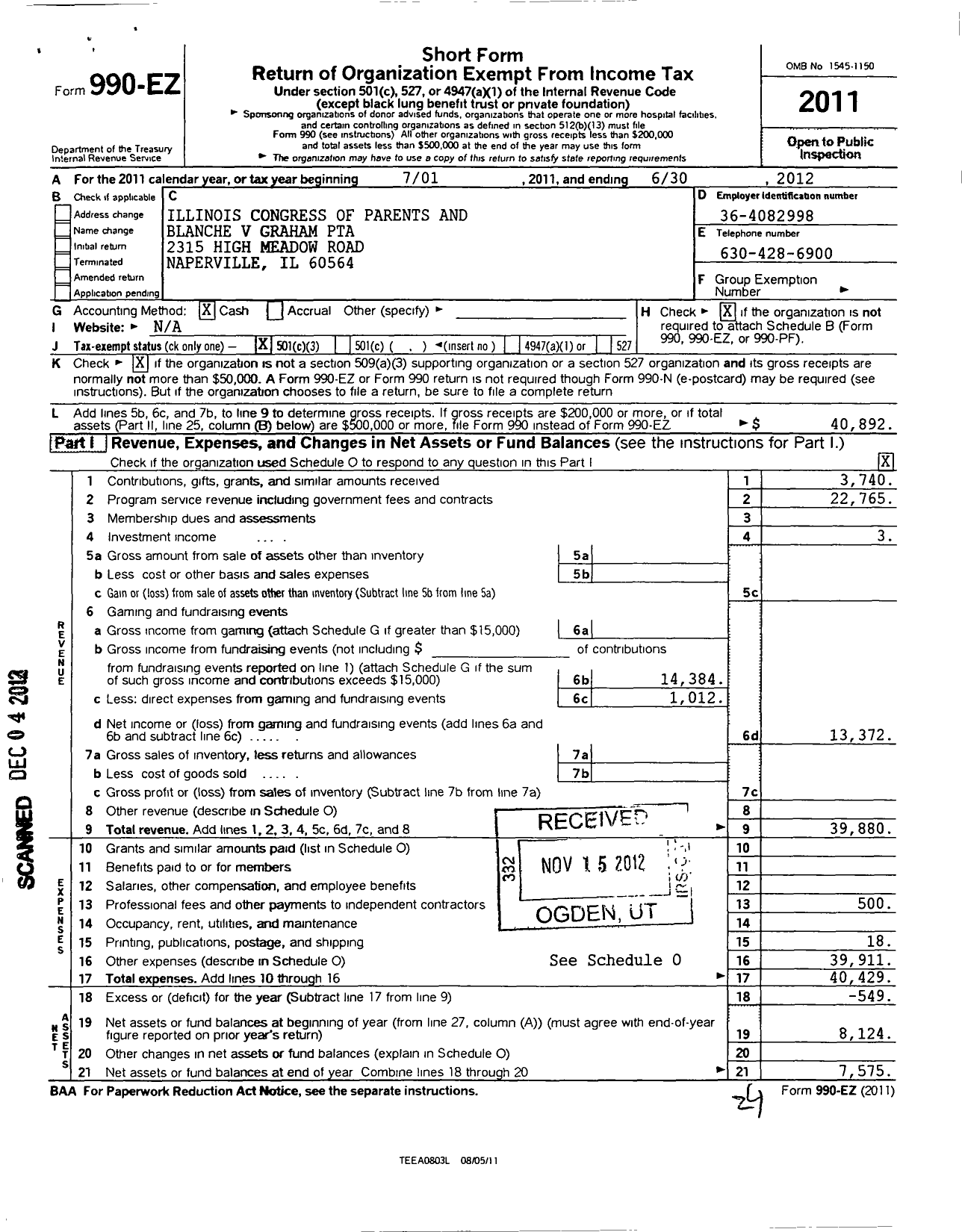 Image of first page of 2011 Form 990EZ for Illinois PTA - Blanche V Graham PTA