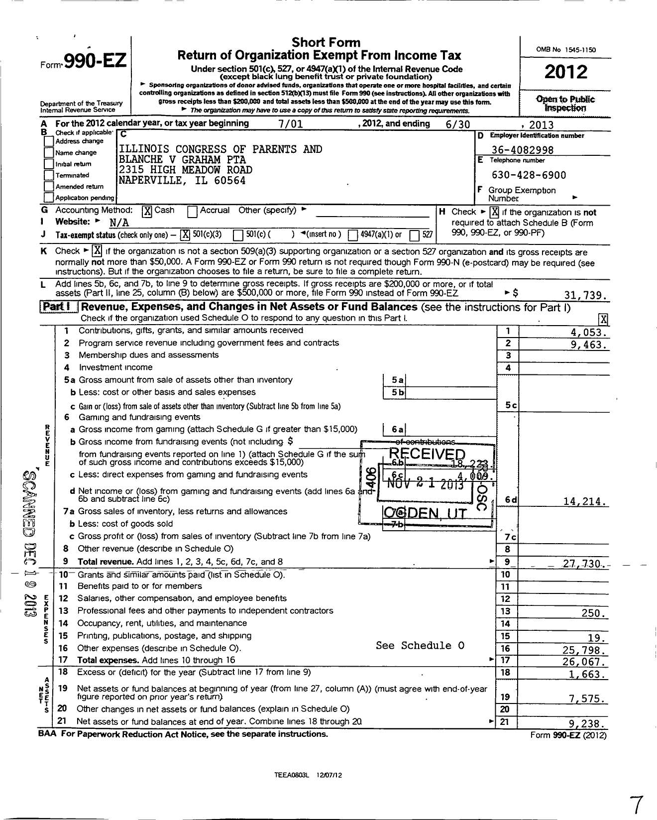 Image of first page of 2012 Form 990EZ for Illinois PTA - Blanche V Graham PTA