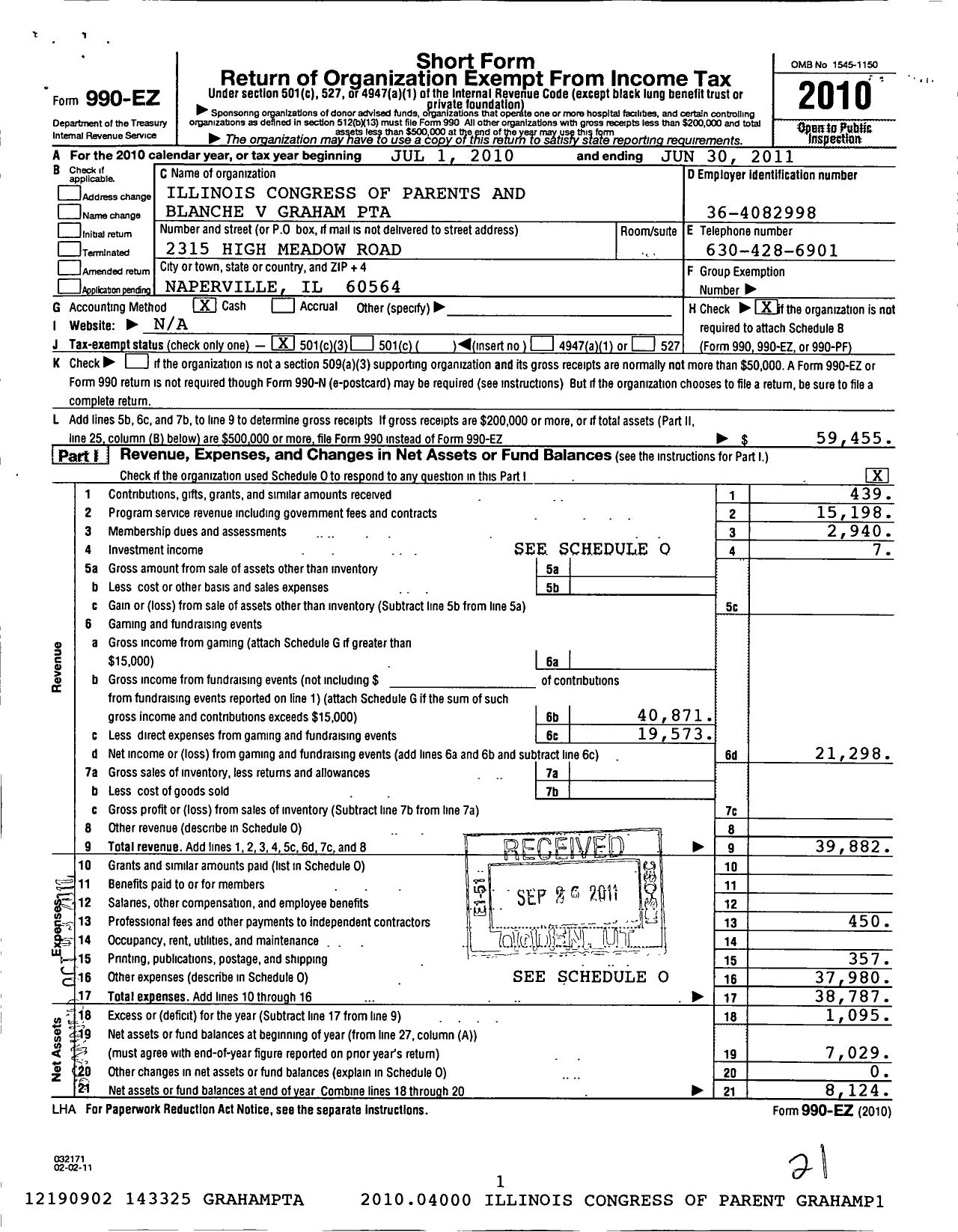 Image of first page of 2010 Form 990EZ for Illinois PTA - Blanche V Graham PTA