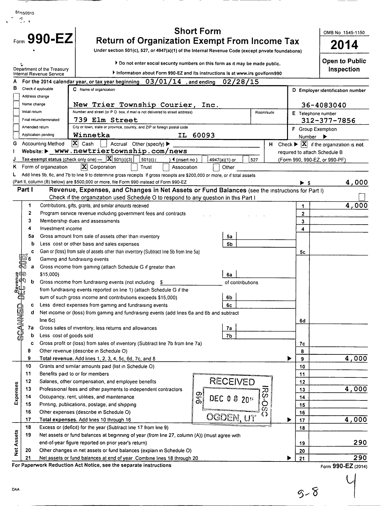 Image of first page of 2014 Form 990EZ for New Trier Township Courier