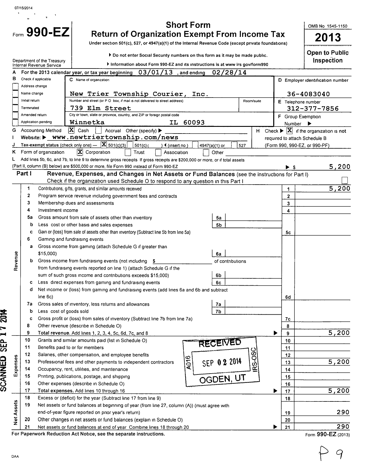 Image of first page of 2013 Form 990EZ for New Trier Township Courier