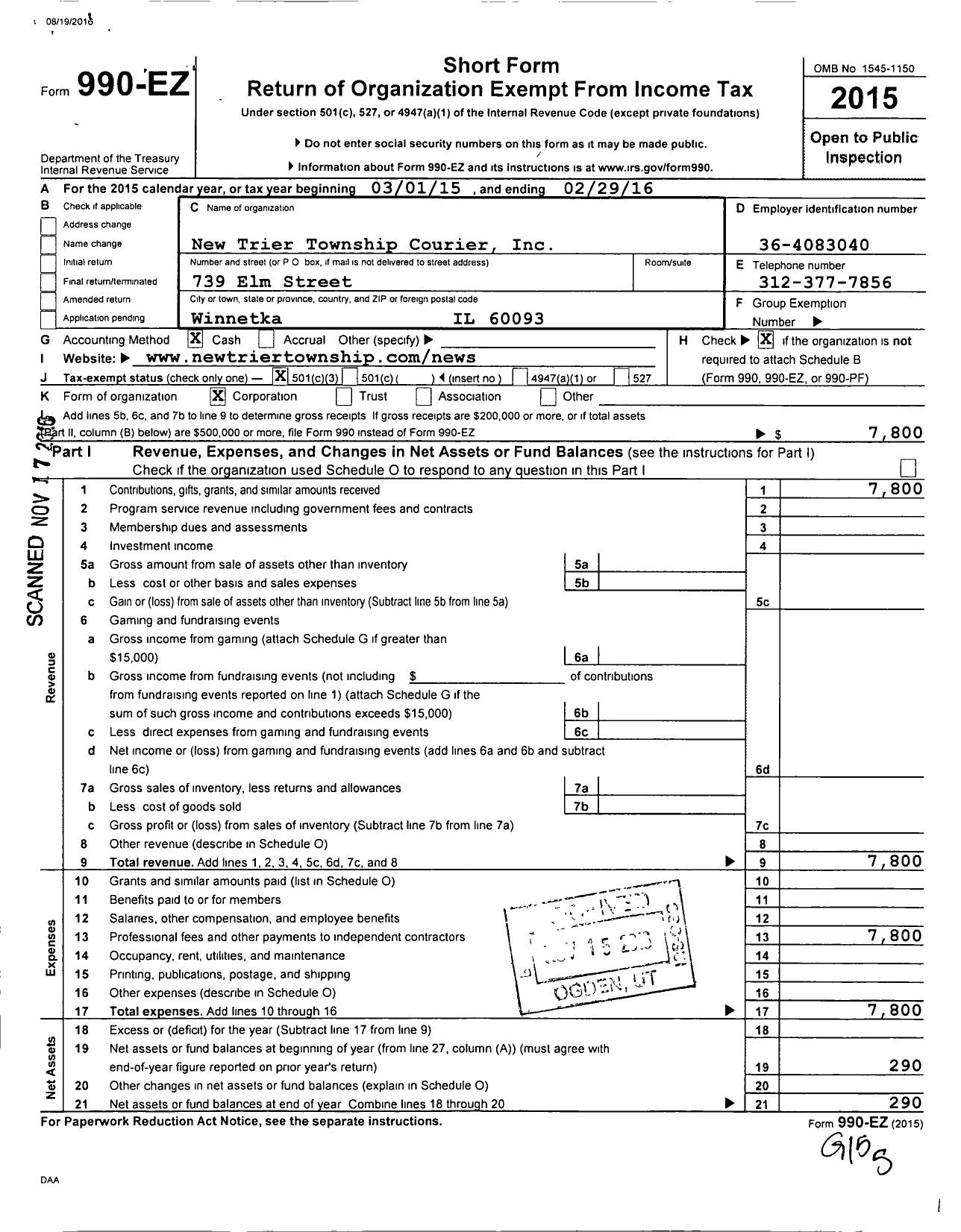 Image of first page of 2015 Form 990EZ for New Trier Township Courier