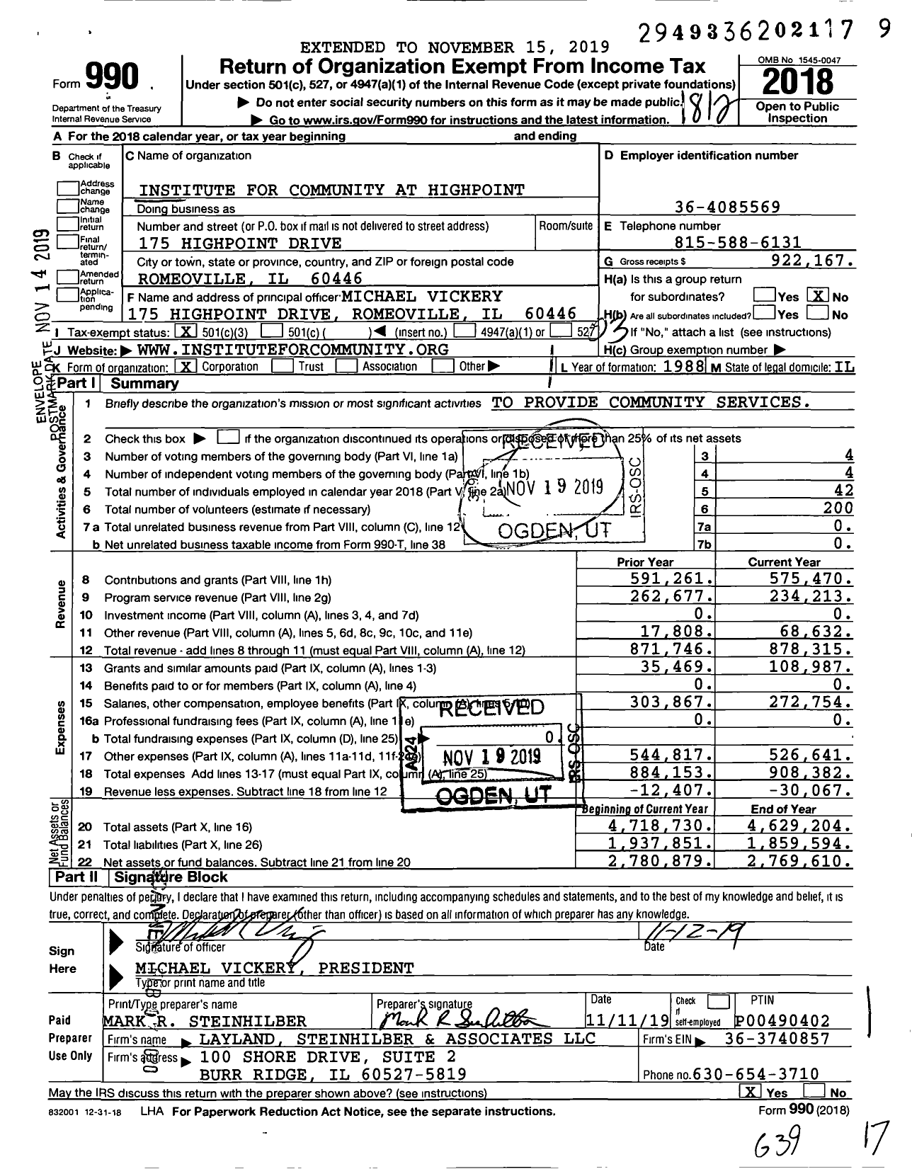 Image of first page of 2018 Form 990 for Institute for Community at Highpoint