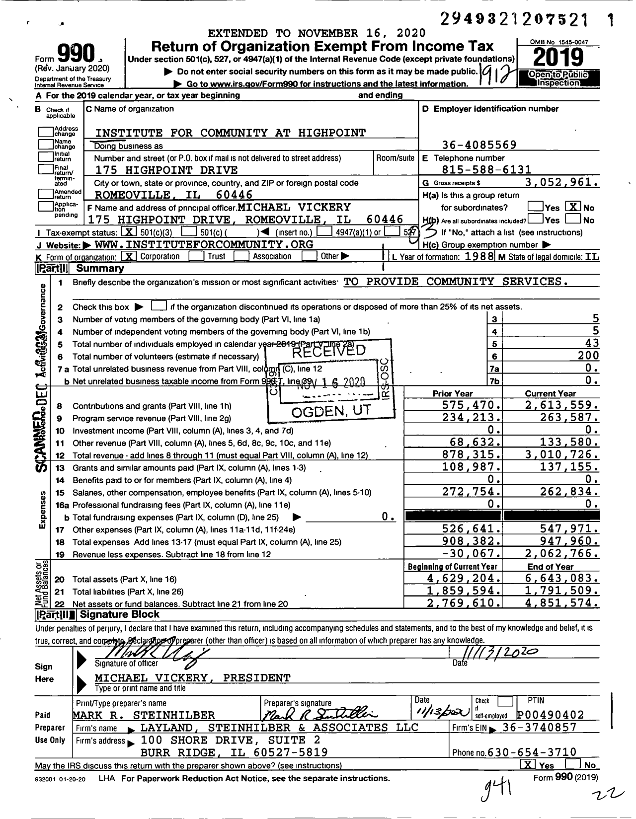 Image of first page of 2019 Form 990 for Institute for Community at Highpoint