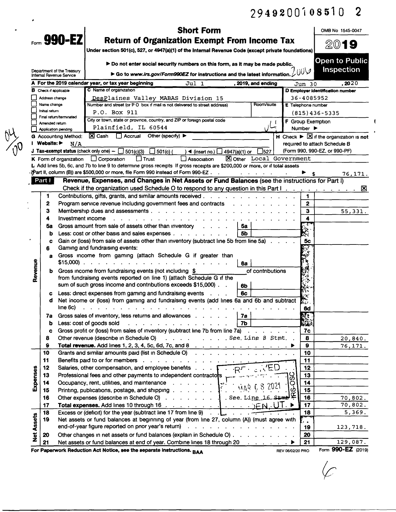 Image of first page of 2019 Form 990EO for DesPlaines Valley MABAS Division 15