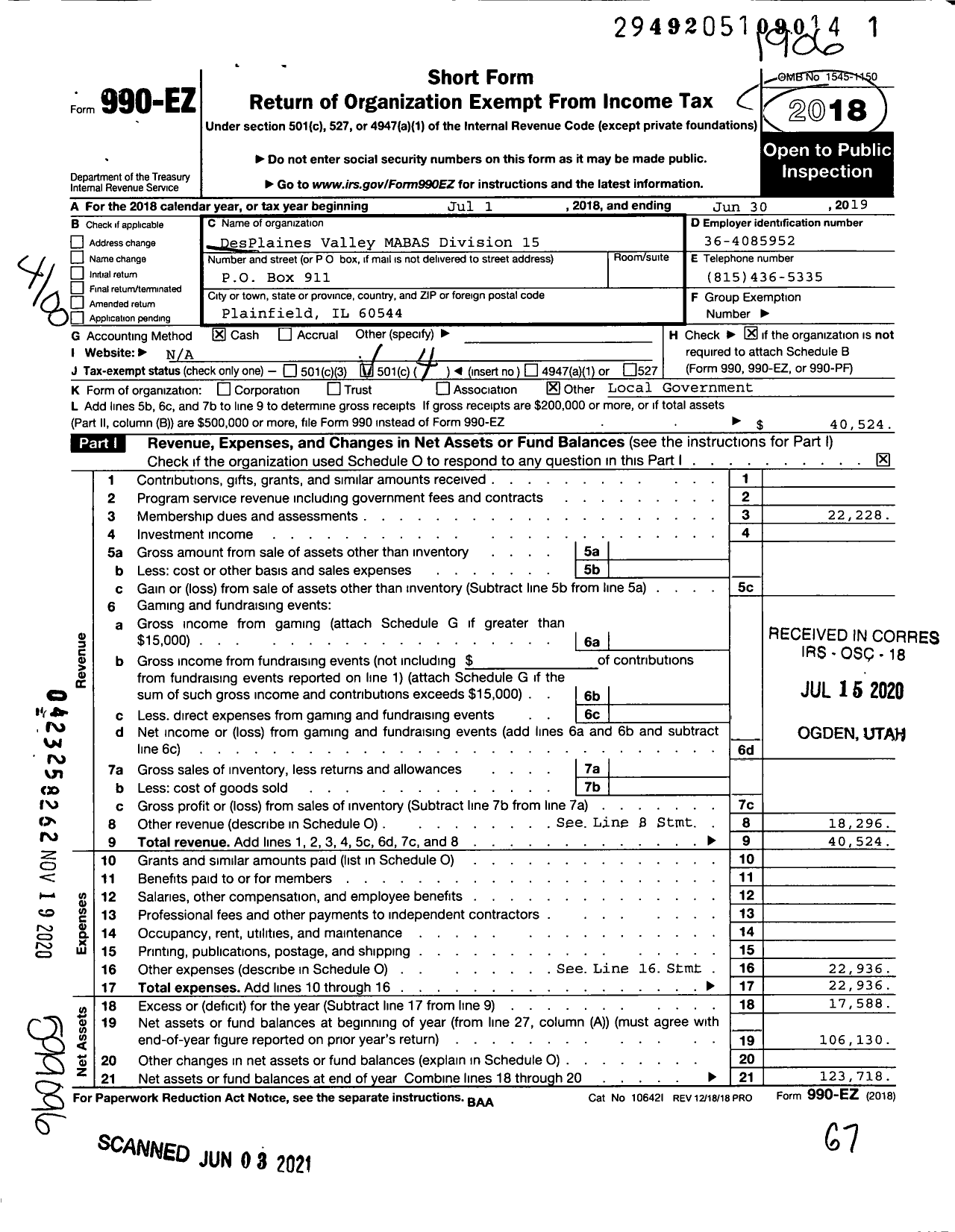 Image of first page of 2018 Form 990EO for DesPlaines Valley MABAS Division 15