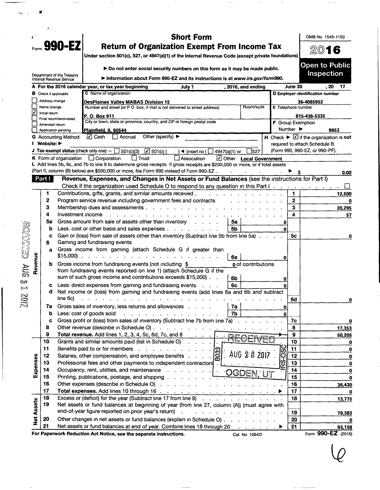 Image of first page of 2016 Form 990EO for DesPlaines Valley MABAS Division 15