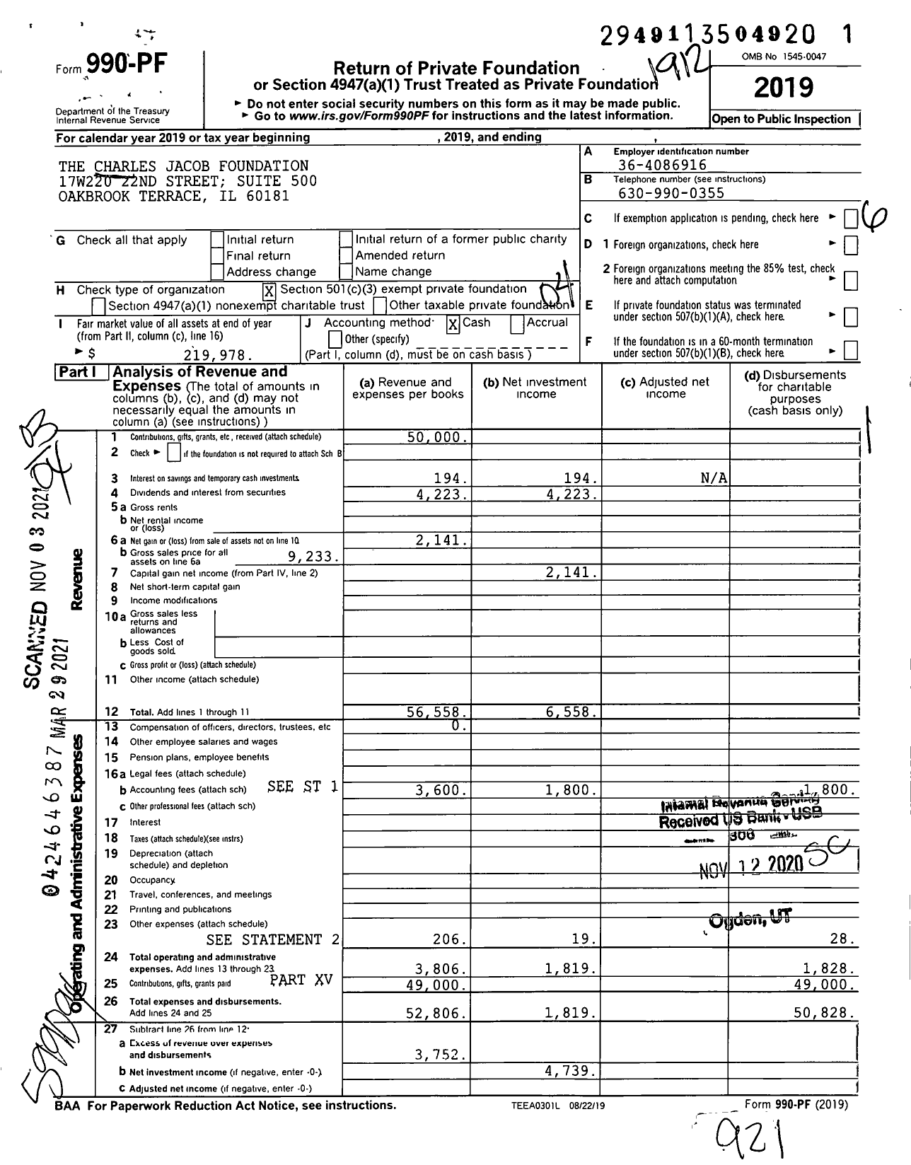 Image of first page of 2019 Form 990PF for The Charles Jacob Foundation