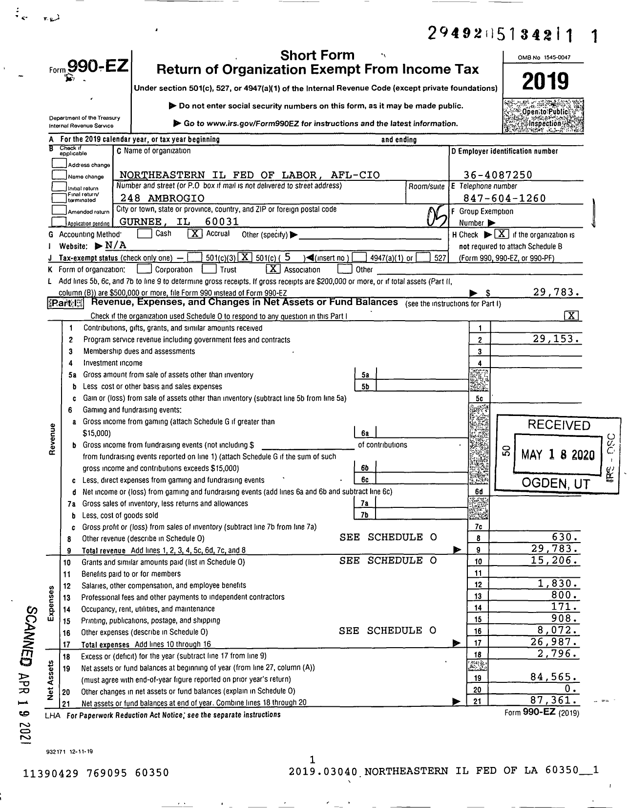 Image of first page of 2019 Form 990EO for AFL-CIO - Northeastern Il Federation of Labor