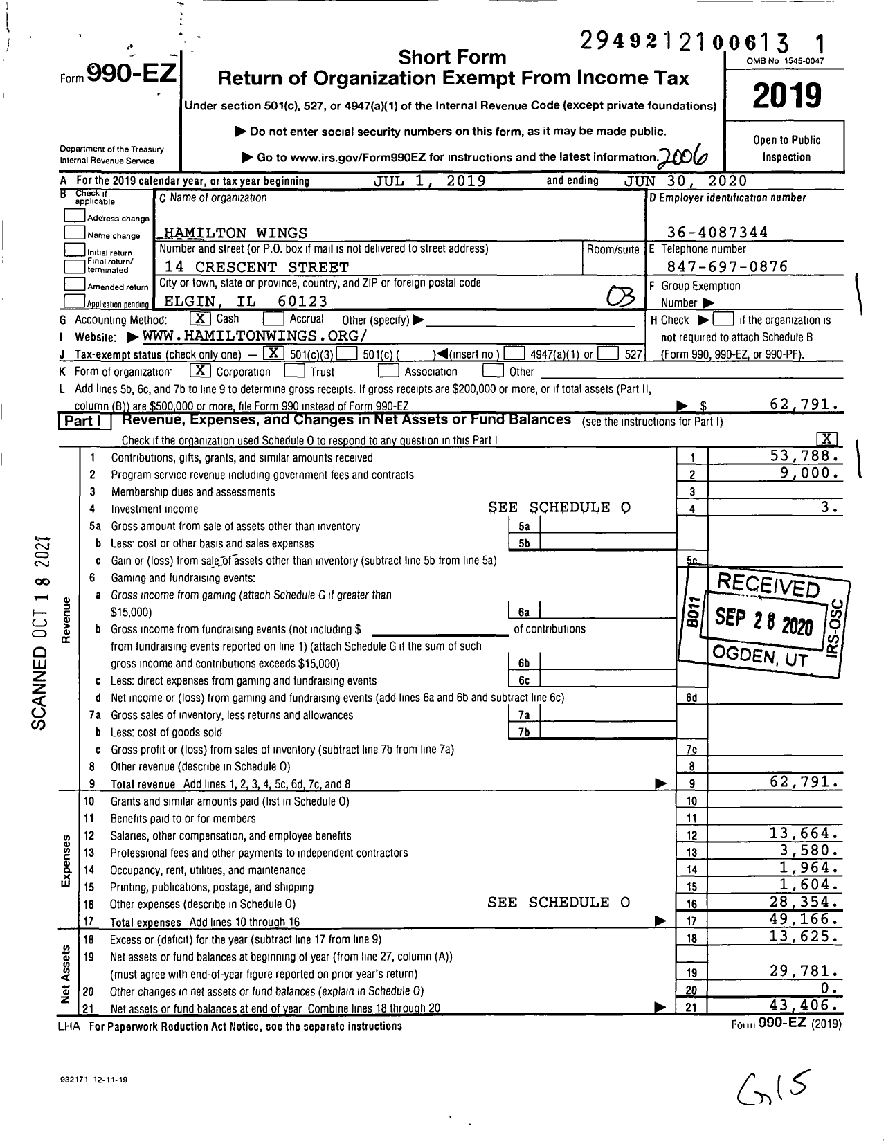 Image of first page of 2019 Form 990EZ for Hamilton Wings