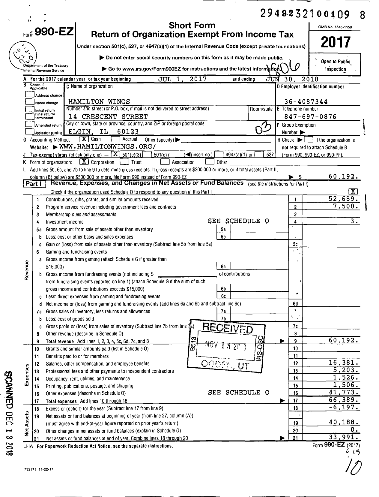 Image of first page of 2017 Form 990EZ for Hamilton Wings