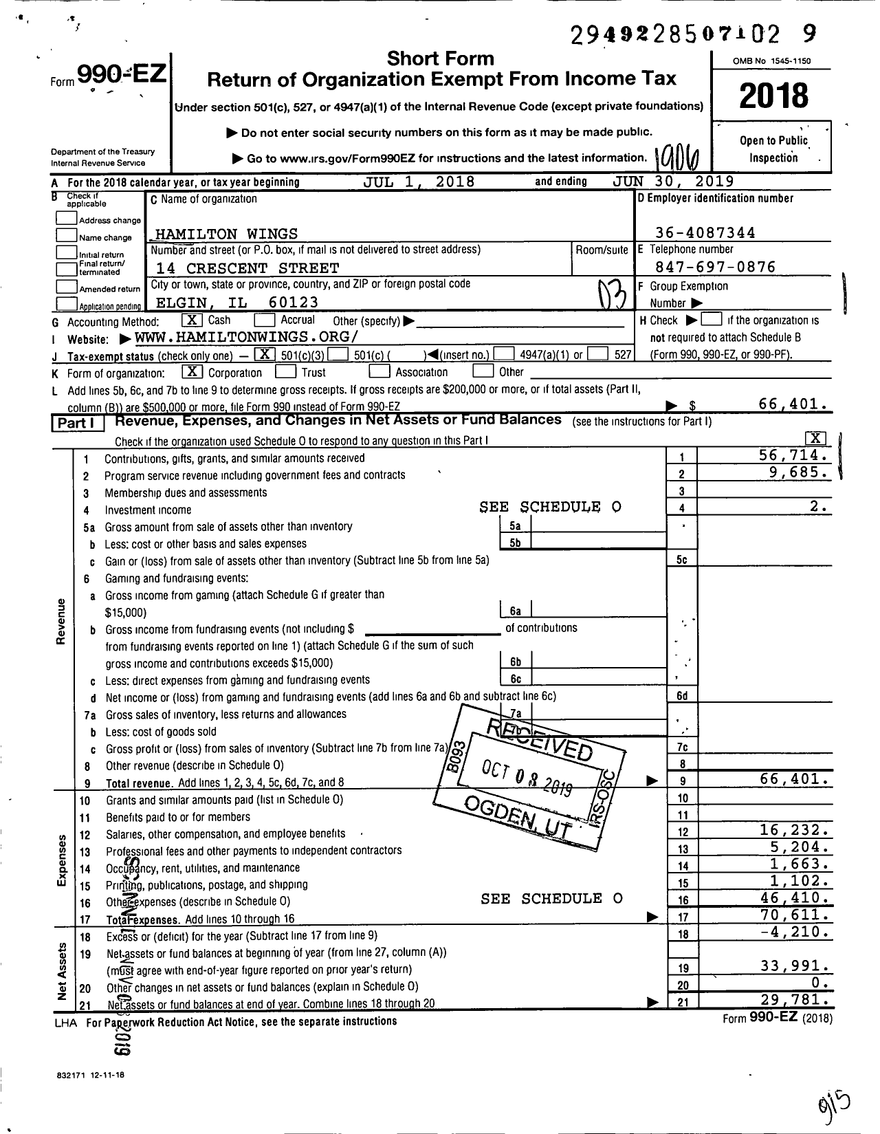 Image of first page of 2018 Form 990EZ for Hamilton Wings