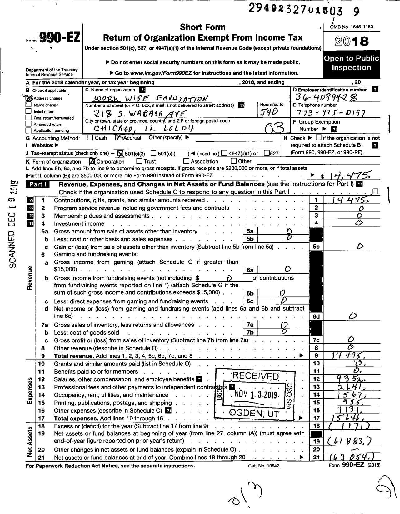 Image of first page of 2018 Form 990EZ for Work Wise Foundation