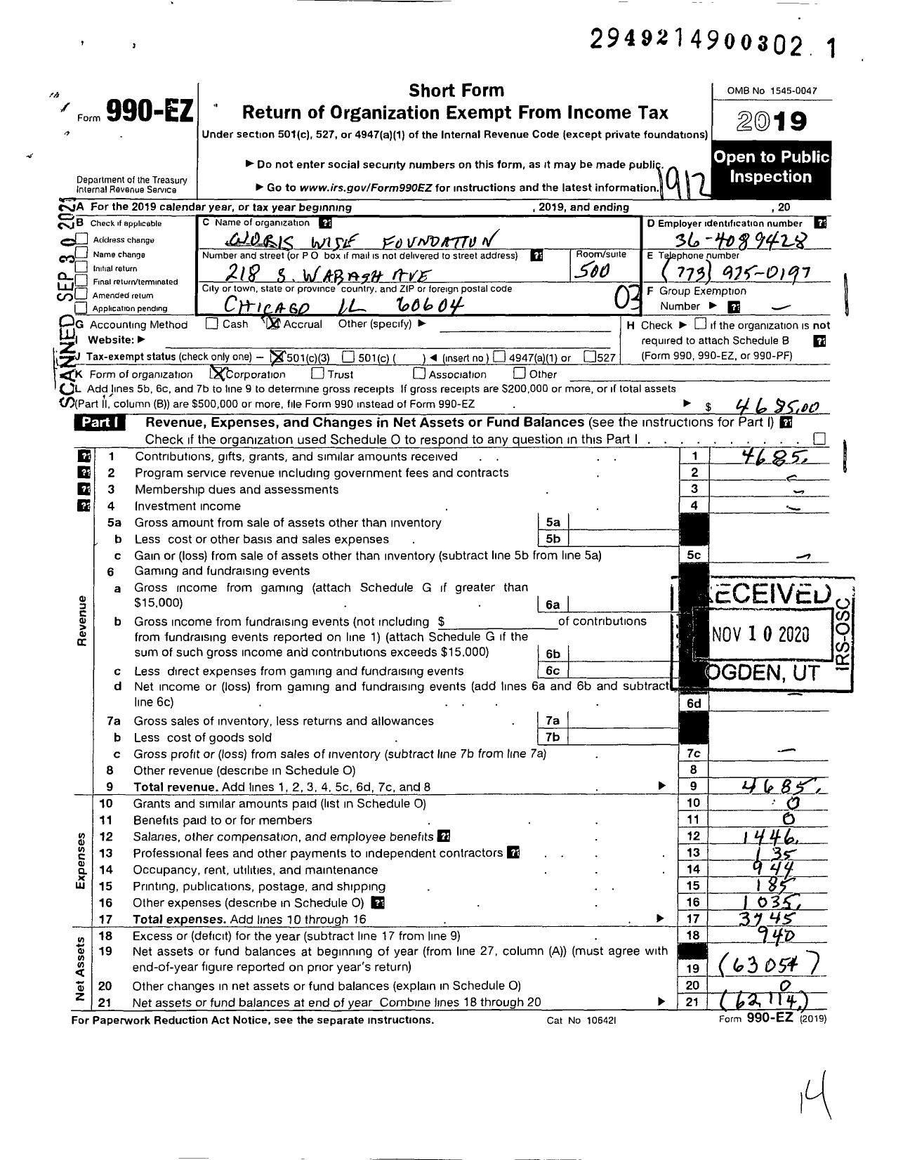 Image of first page of 2019 Form 990EZ for Work Wise Foundation