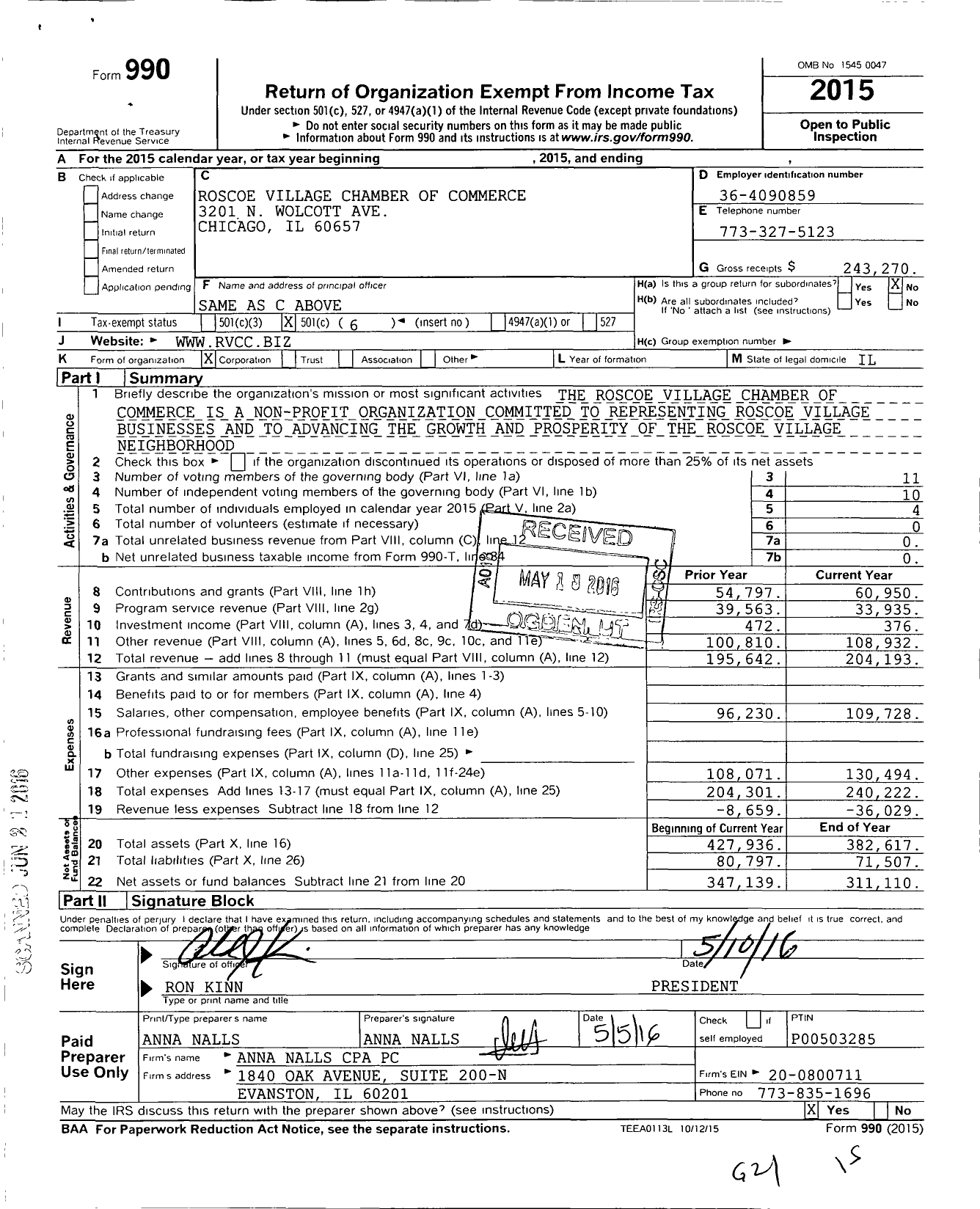 Image of first page of 2015 Form 990O for Roscoe Village Chamber of Commerce