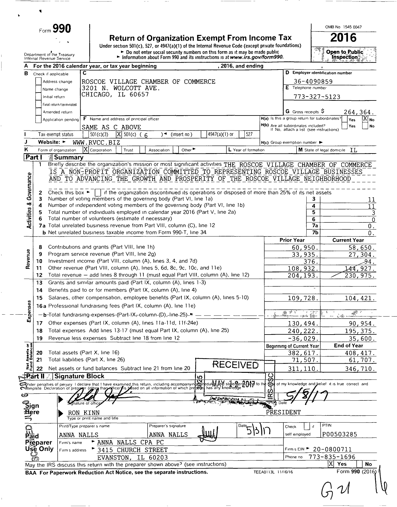 Image of first page of 2016 Form 990O for Roscoe Village Chamber of Commerce