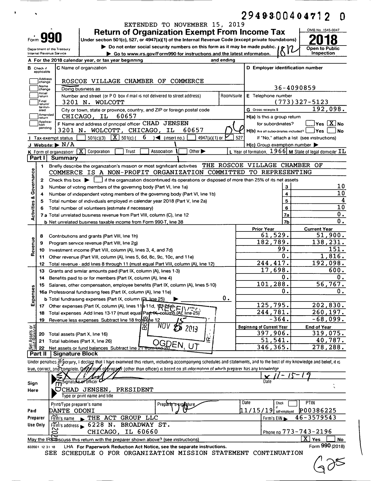 Image of first page of 2018 Form 990O for Roscoe Village Chamber of Commerce